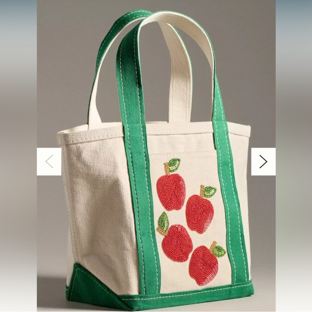 Anthropologie Green and Cream Tote with Red Apple Design New with tag LAST one